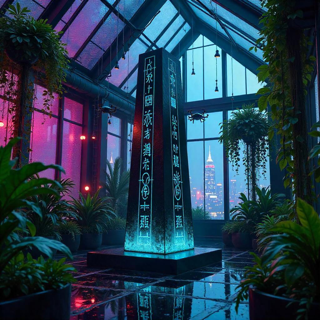 Neon Obelisk in a Cyberpunk Greenhouse