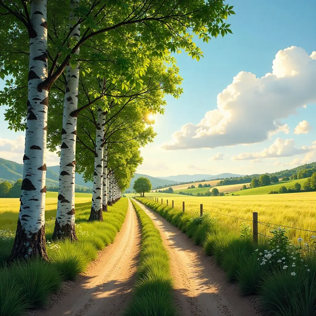 Birch-Lined Rural Lane to the Horizon