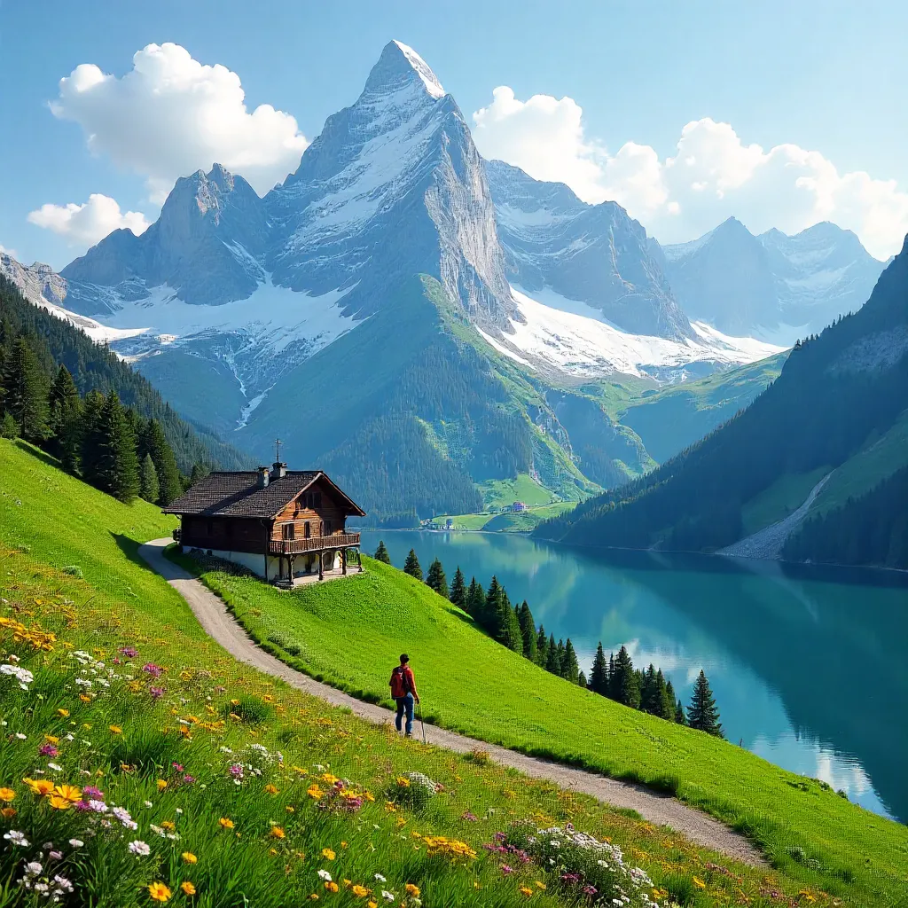 Snowy Italian Alps Over Green Alpine Meadows