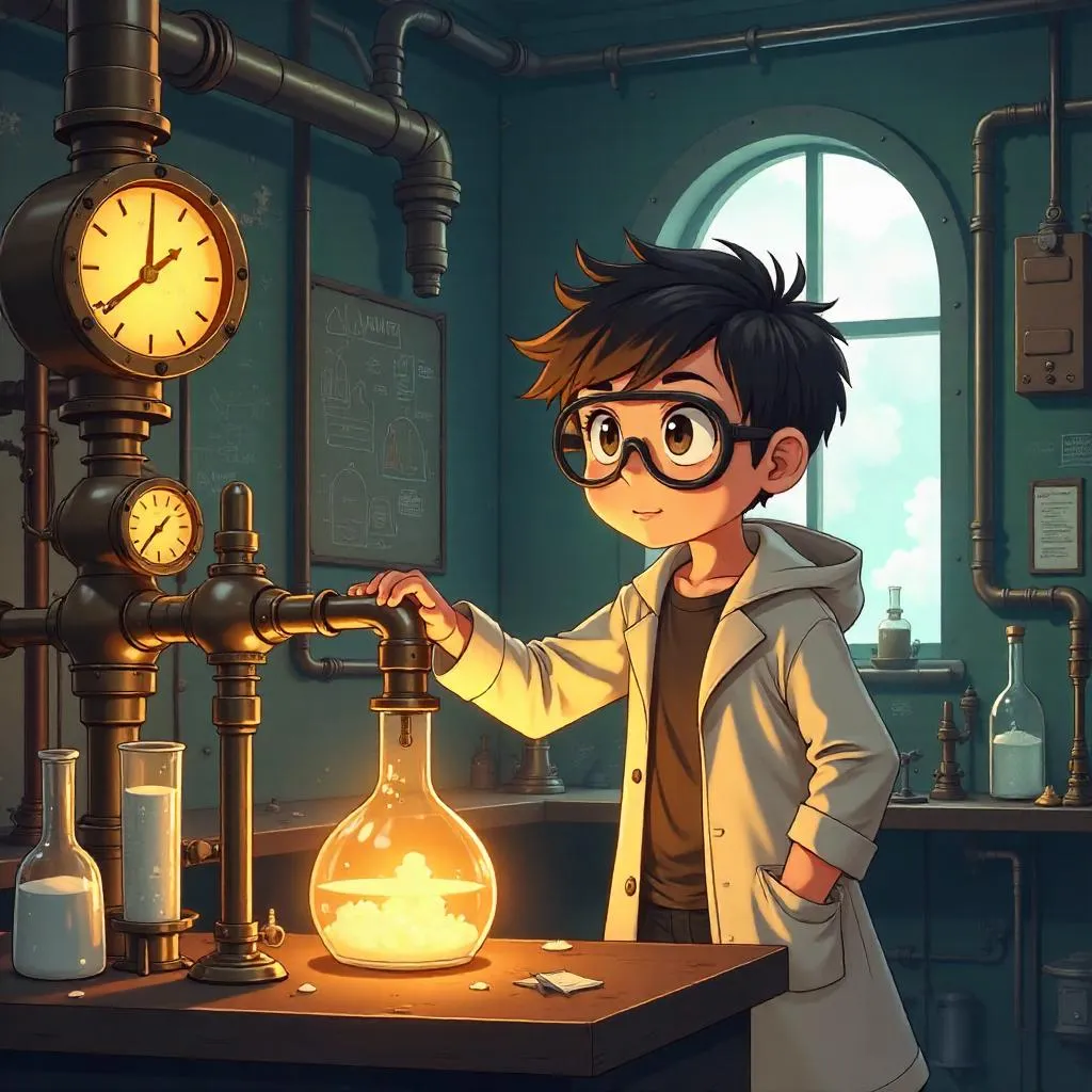 Anime Child in a Brass Steampunk Laboratory