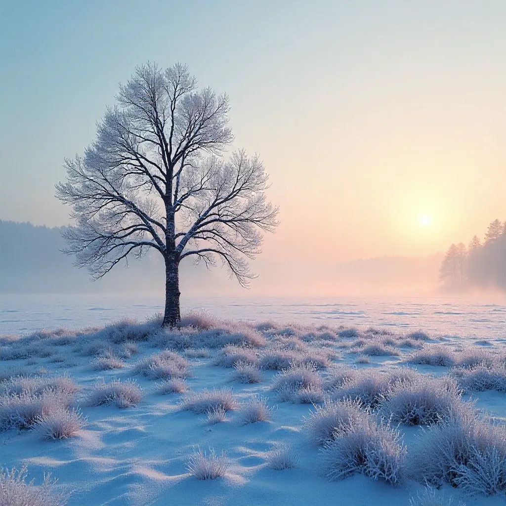 Lone Tree in a Frosty Czech Winter Mist