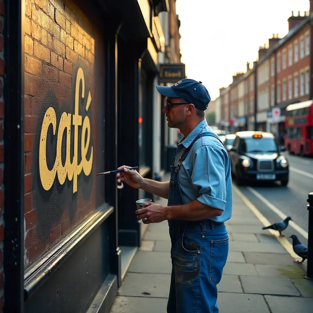 Blue Overalls Painter on Abbey Road Café Sign