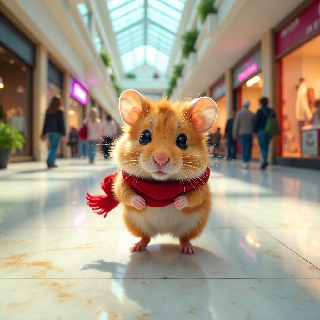 Photorealistic Hamster in a Busy Shopping Mall