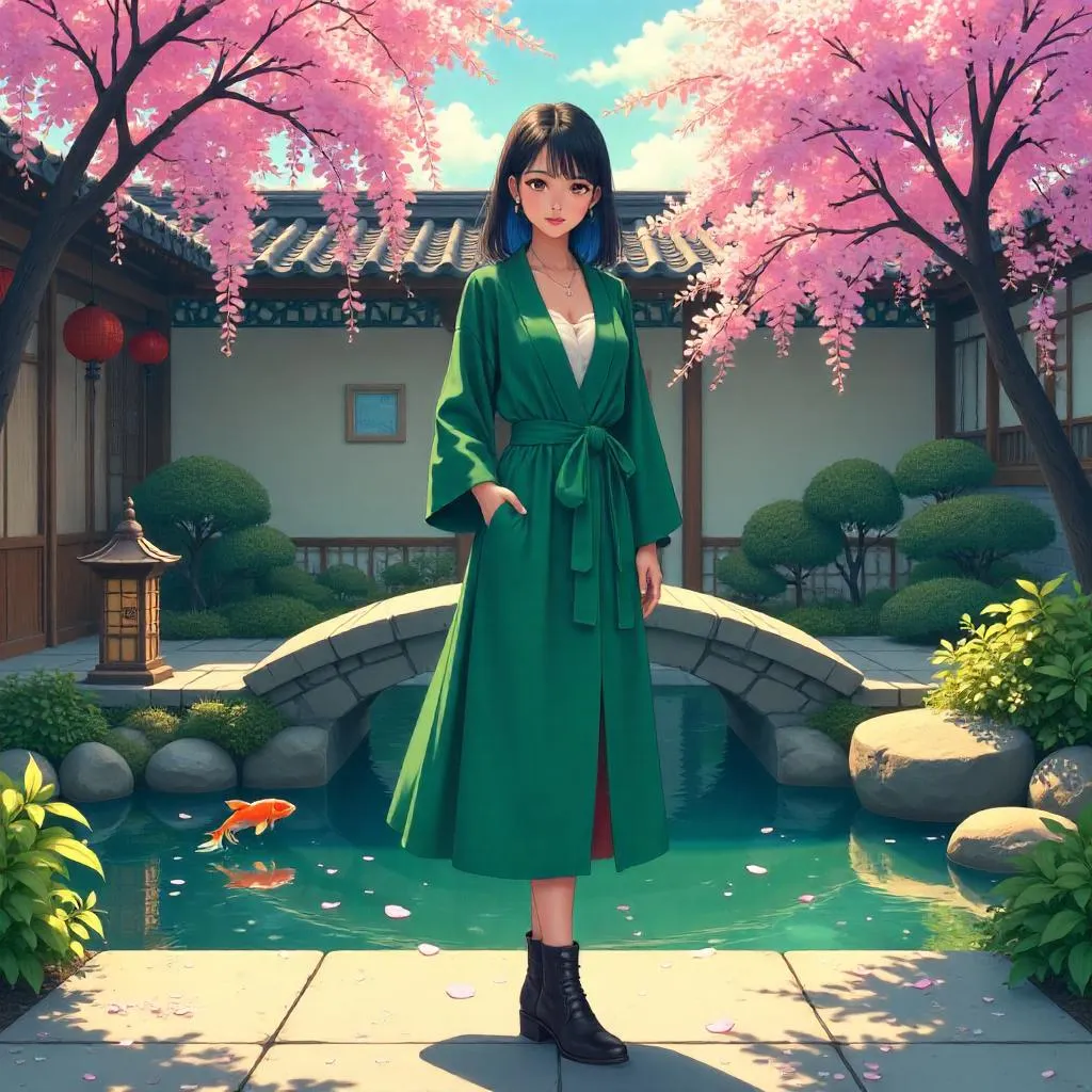 Anime-Style Stylish Adult Asian Woman in a Courtyard