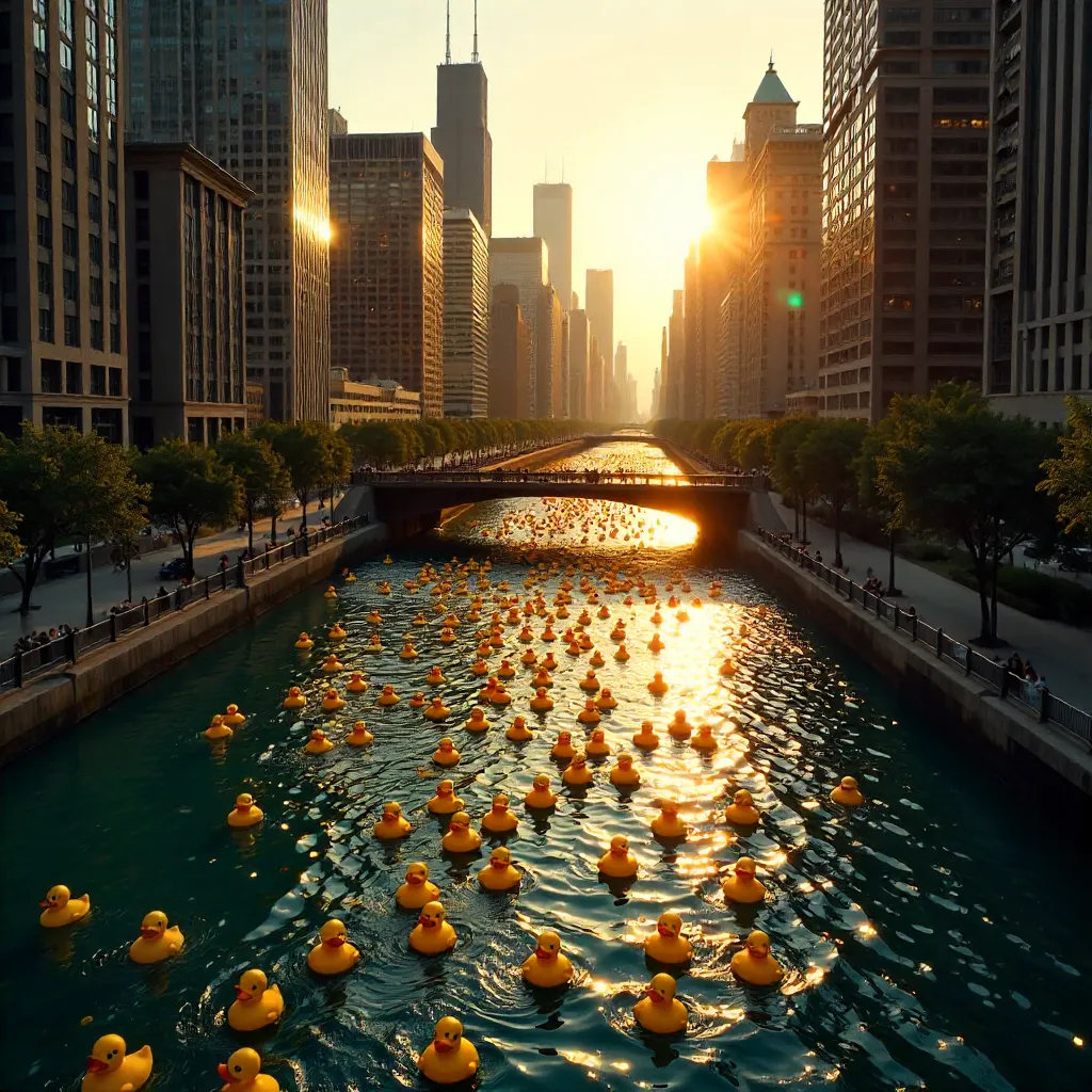 Aerial View: Yellow Rubber Ducks Over Chicago River
