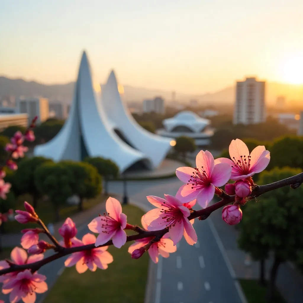 Pink Blossoms Against Belo Horizonte Modernist Architecture