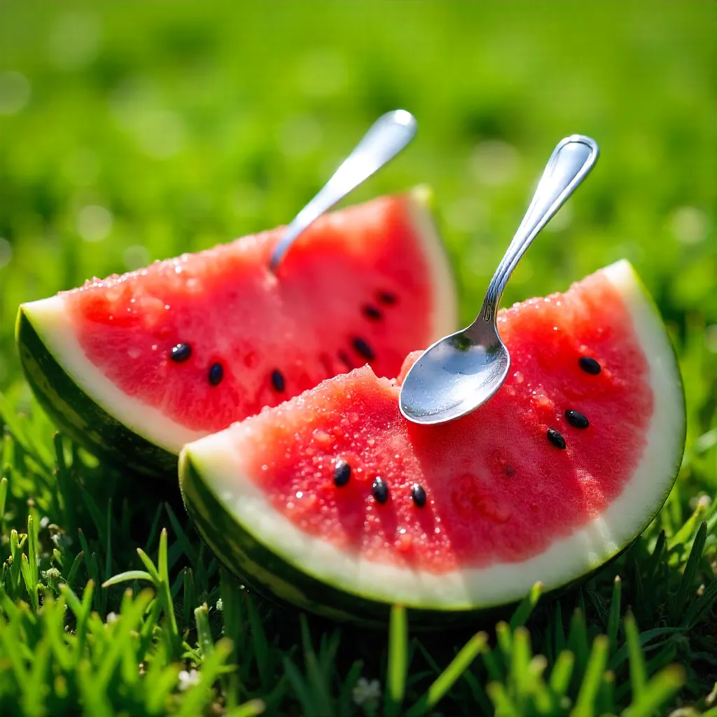 Sunlit Watermelon Halves on Green Grass