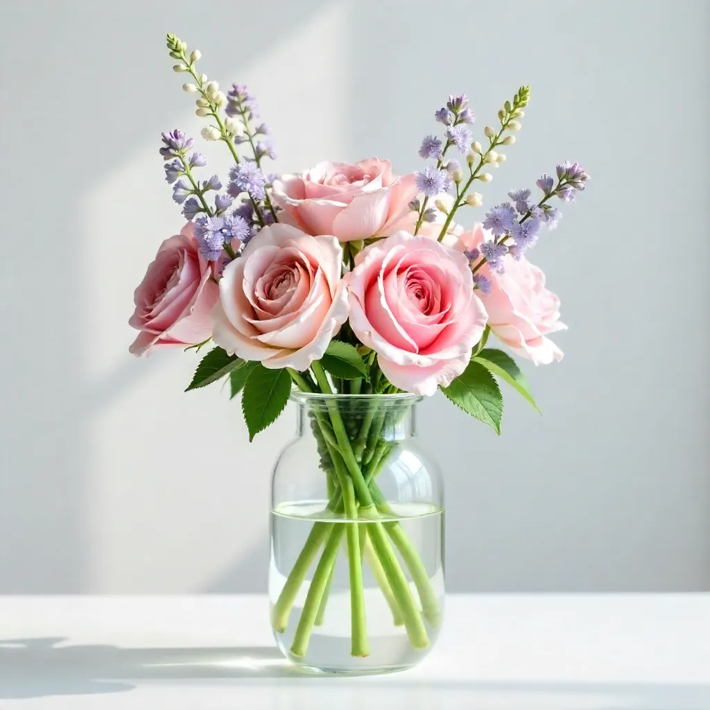 Pastel Flowers in a Clear Glass Vase on White