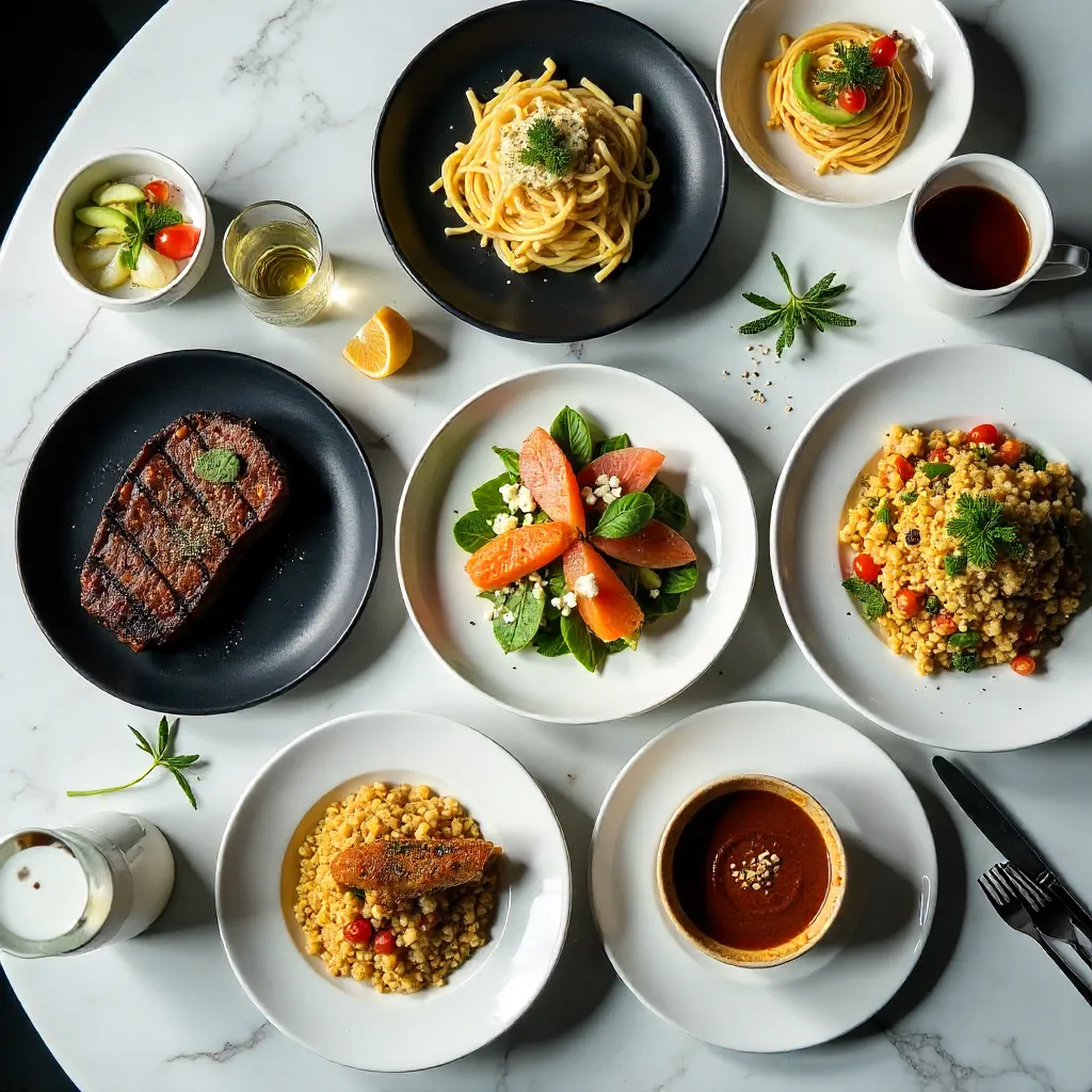 Top-Down Feast: Delicate Meals on Marble Table