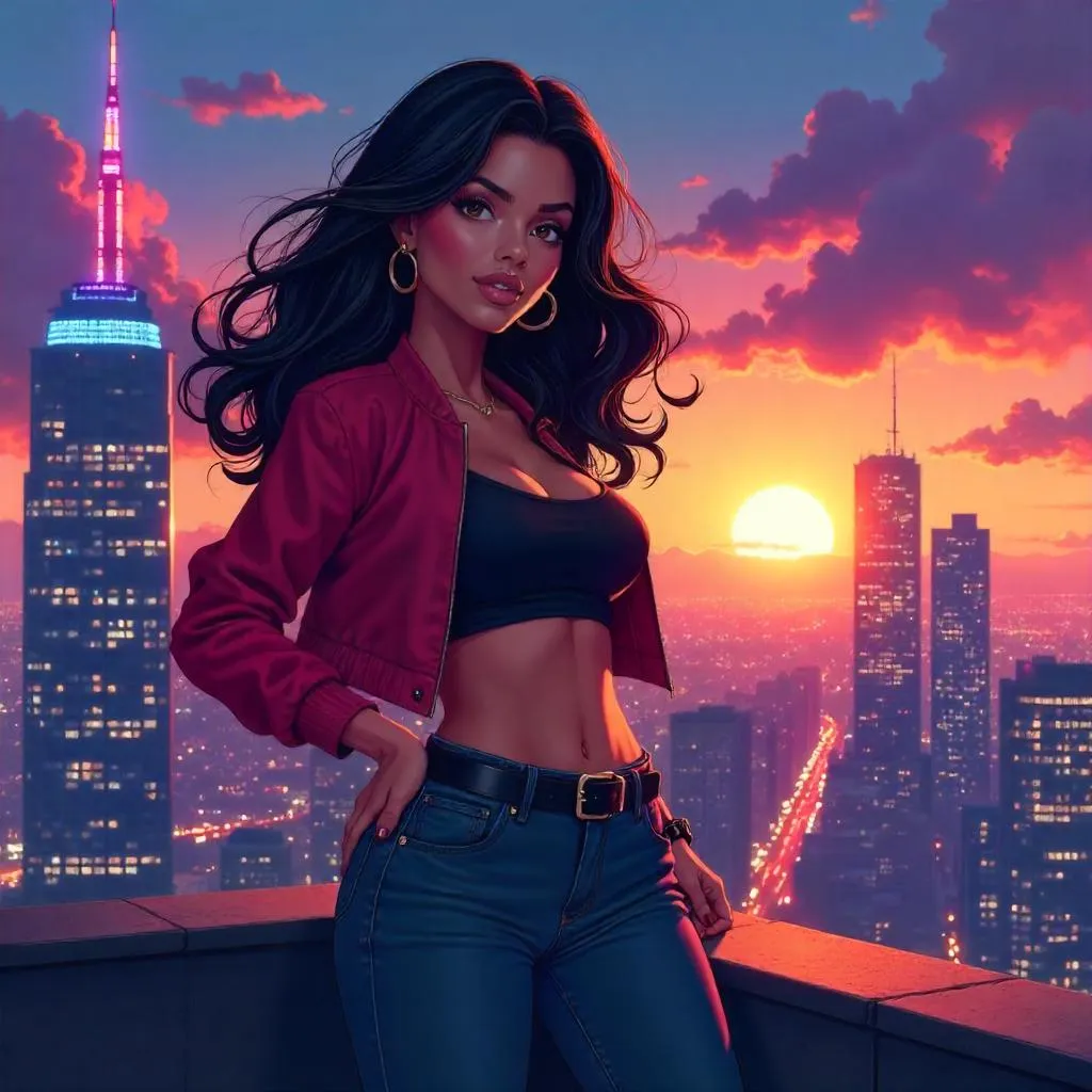 Confident Latina on Rooftop - Anime Style