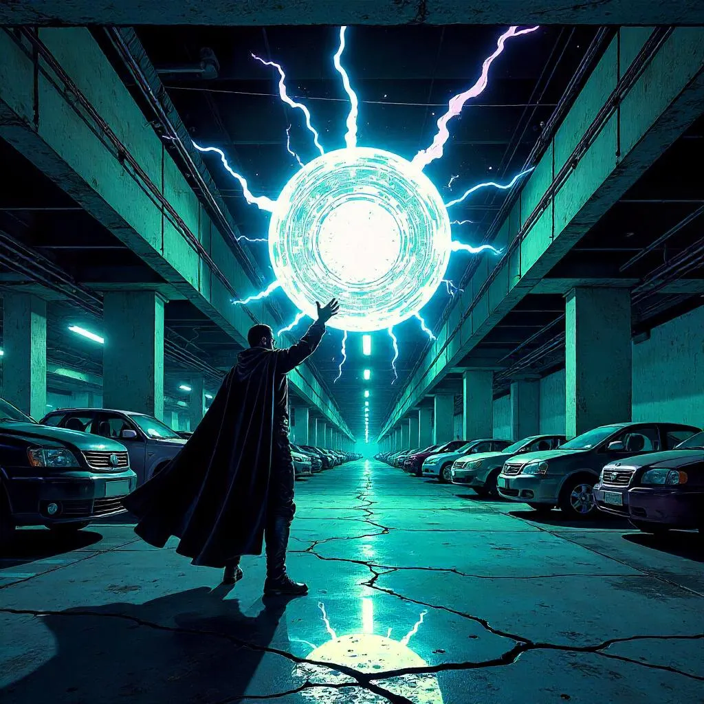 Neon Orb of Power in a Comic Parking Garage