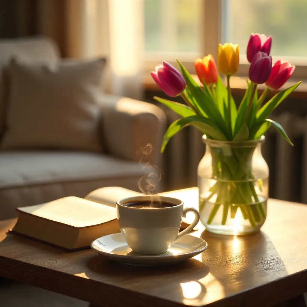 Warm Indoor Still Life: Book, Coffee, Tulips