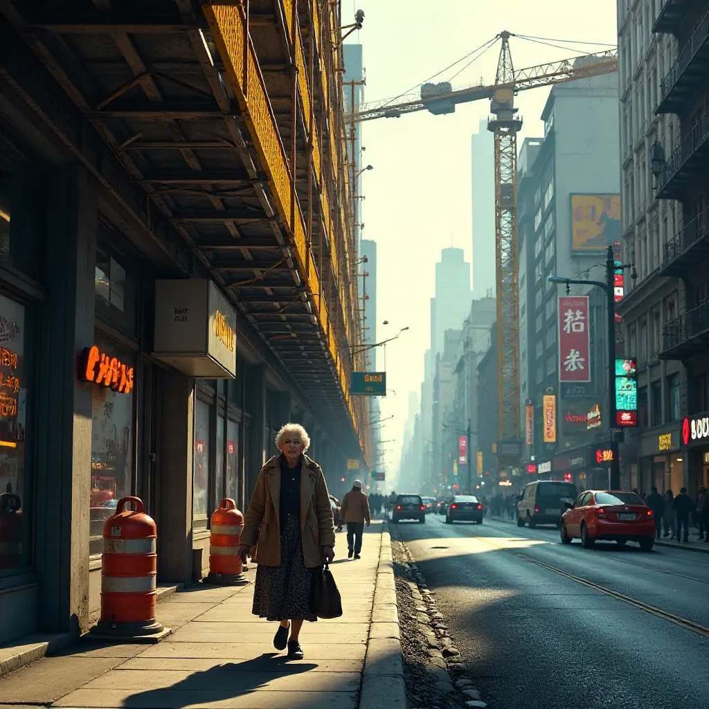 Elderly Woman Under Urban Construction Signage
