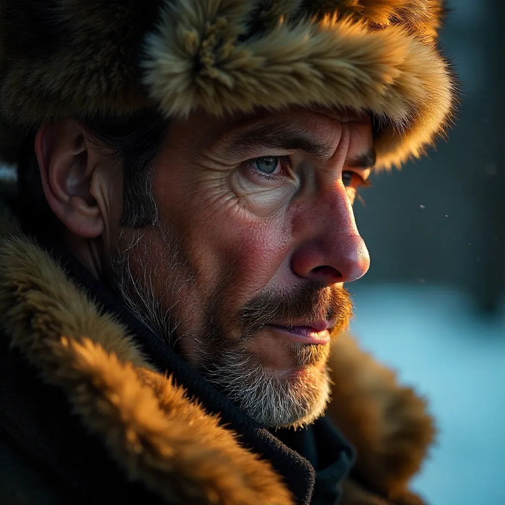 Introspective Close-Up: Man in Traditional Fur Attire