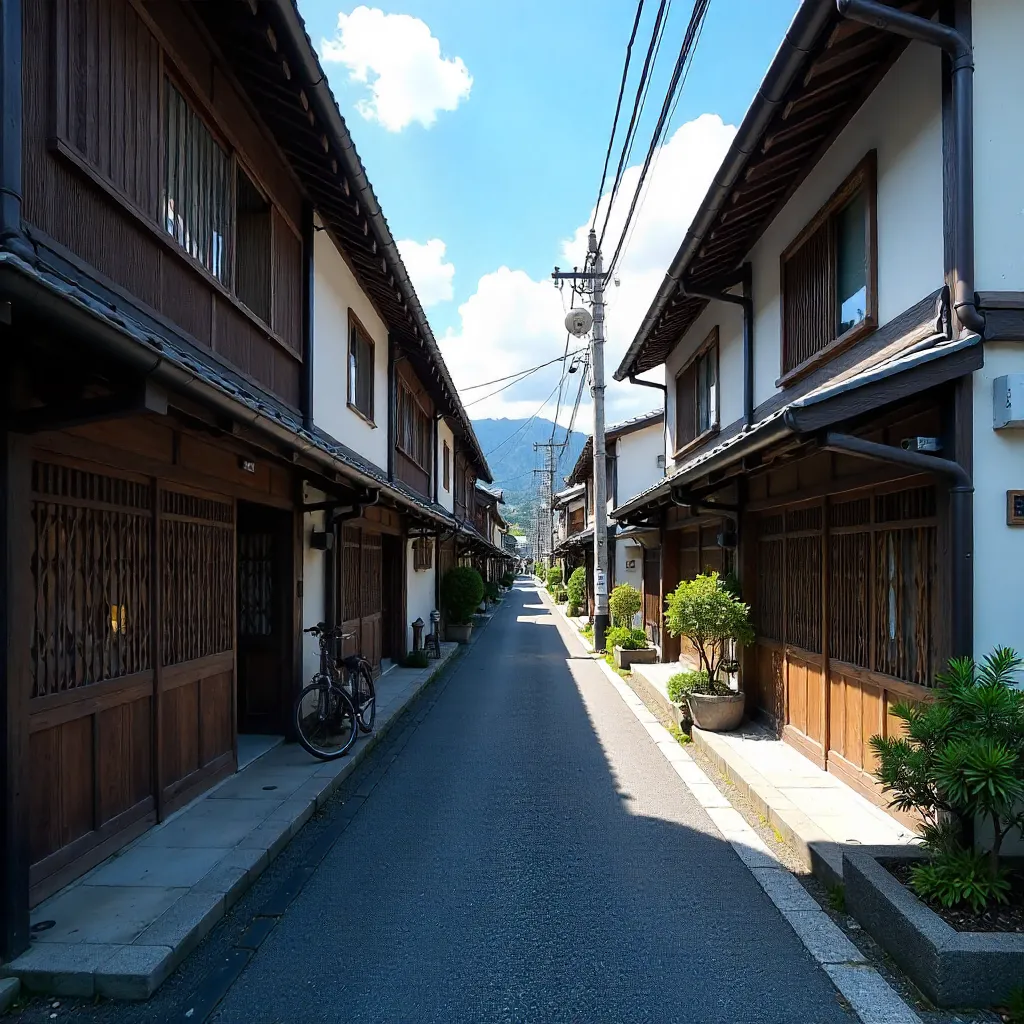 Traditional Japanese Street with Wooden Machiya under a Clear Blue Sky