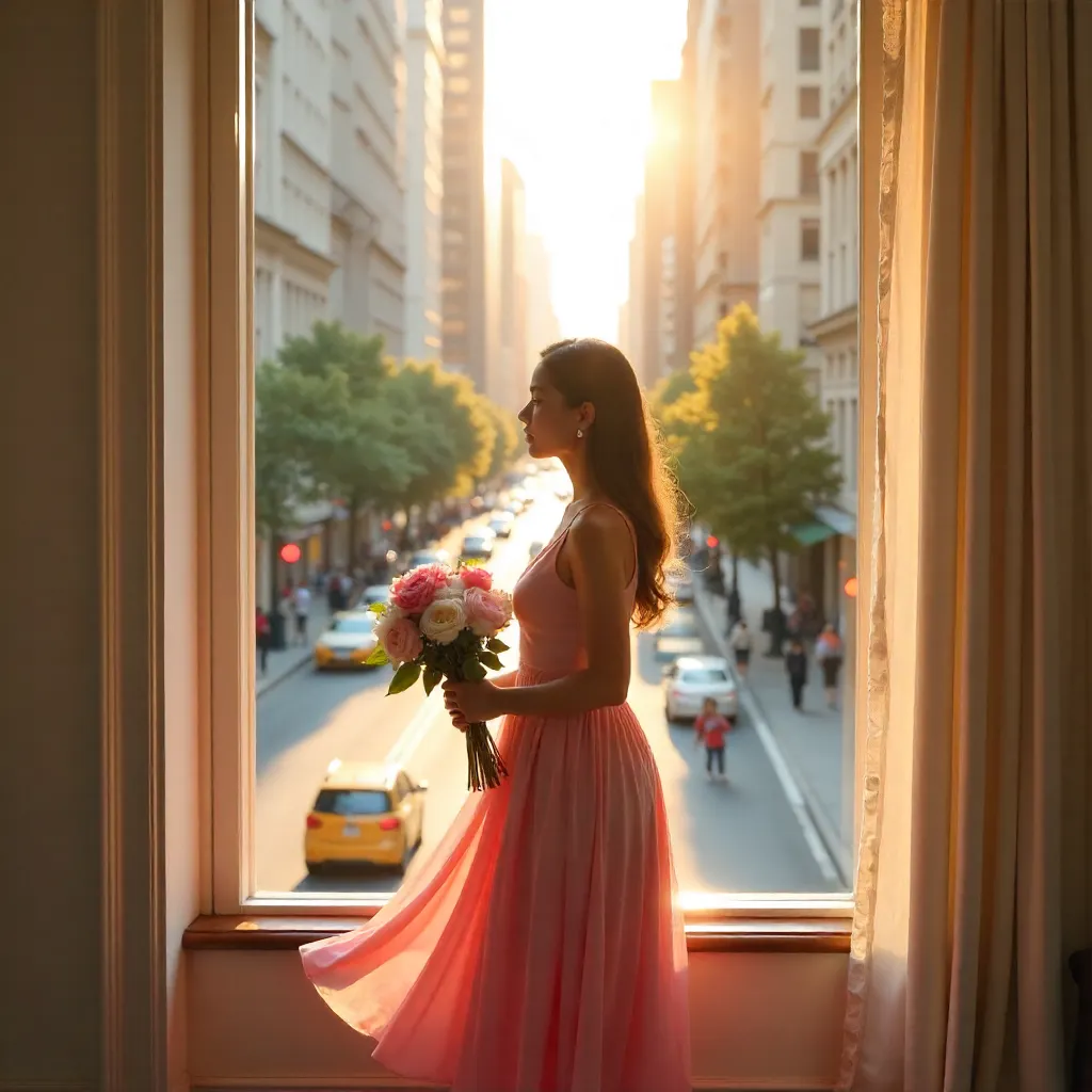 Window View: Woman in a Pink Dress with Flowers