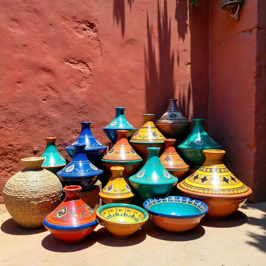 Colorful Moroccan Pottery Against a Vibrant Wall