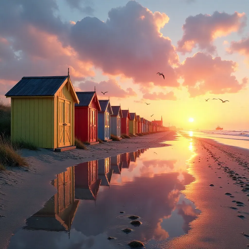 Sunset over Colorful Huts in Cuxhaven's Wadden Sea