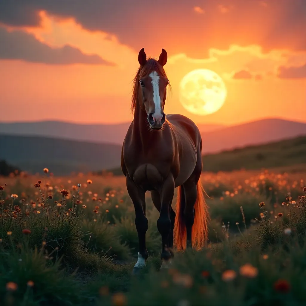 Moonlit Meadow: Horse at Sunset and Moonrise