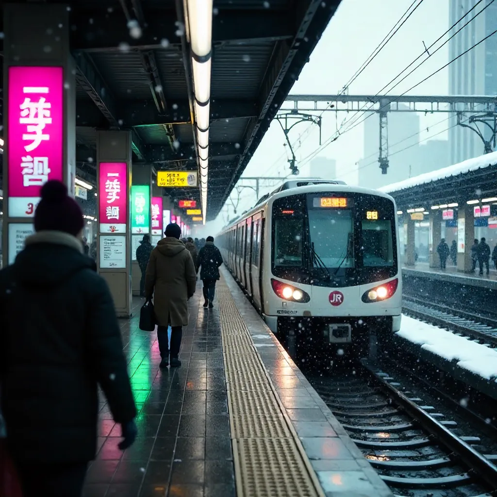 Snowy Shinjuku Station Departure in Tokyo