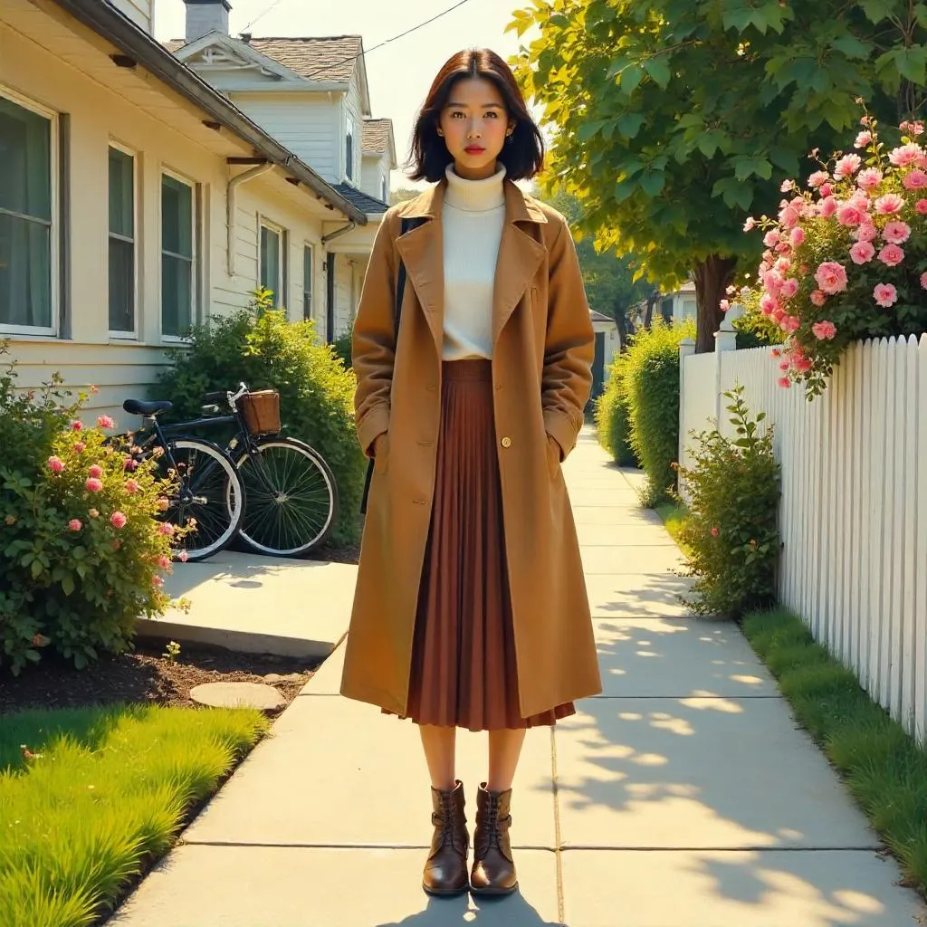 Stylish Asian Girl in Suburban Oil Painting