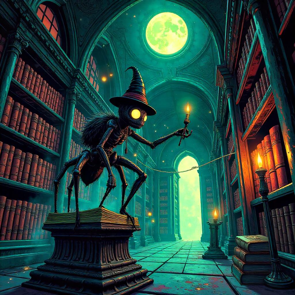 Comic Spider in a Magical Library