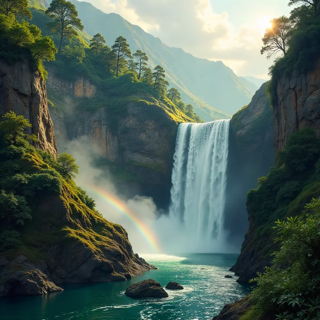Grand Waterfall in a Rocky Canyon