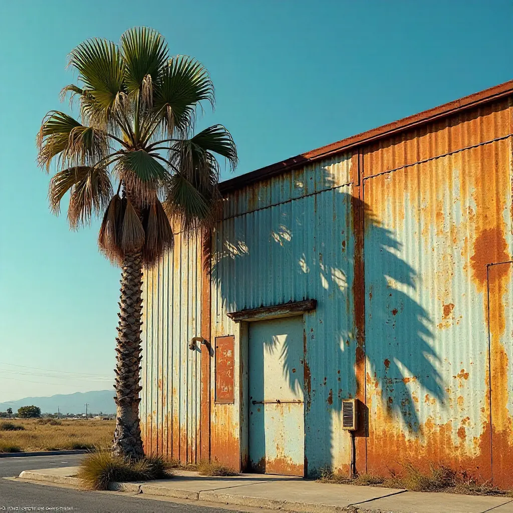 Lone Palm Shadow on an Industrial Facade