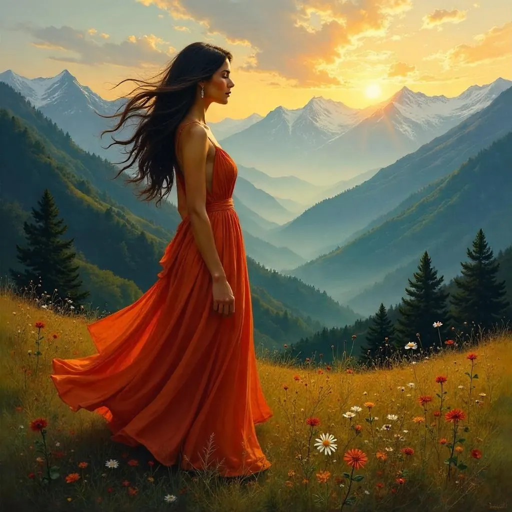 Latina Woman in Mountain Sunrise – Oil Painting