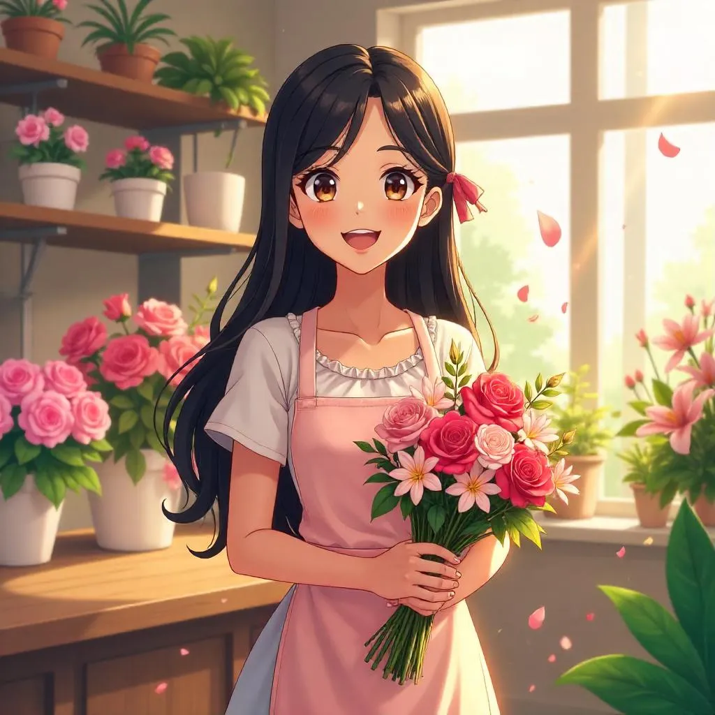 Cheerful Latina Girl in a Flower Shop - Anime Style