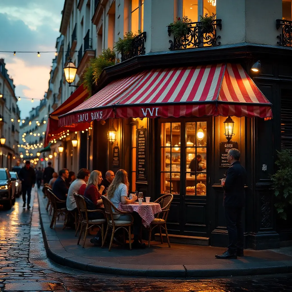 Dusk at a Cozy Parisian Café Facade
