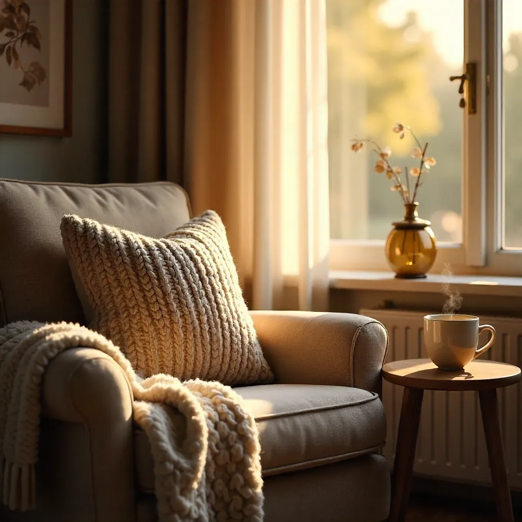 Cozy Corner with Coffee, Pillow, and Warm Lamp Light