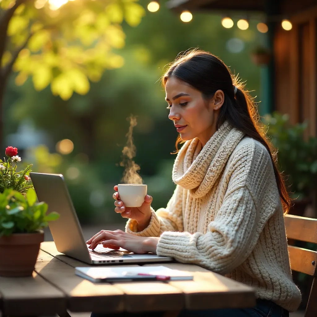 Cozy Outdoor Remote Work: Laptop, Coffee, and Sunshine