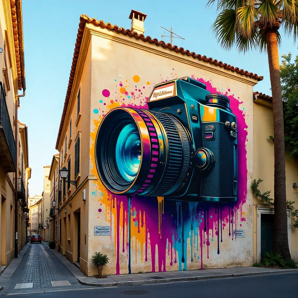 Cannes Street Art Mural: Camera on Historic Facades