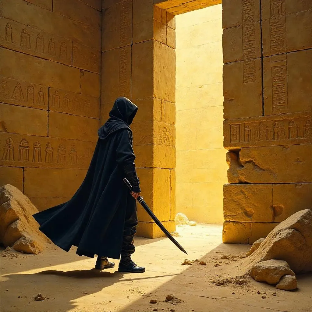 Shadowed Ninja in an Oil-Painted Pyramid Chamber