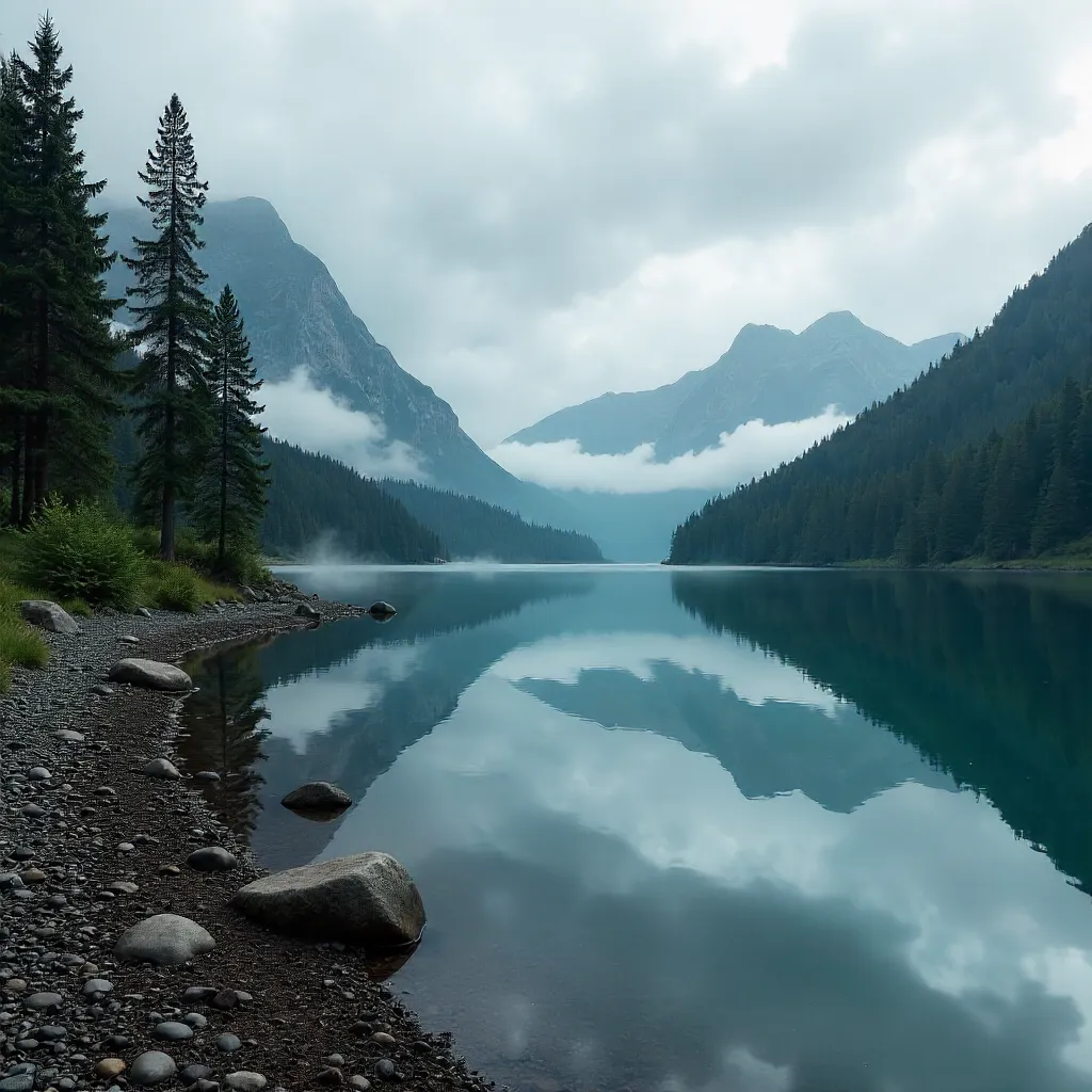 Tranquil Alpine Lake Reflecting Cloudy Forests