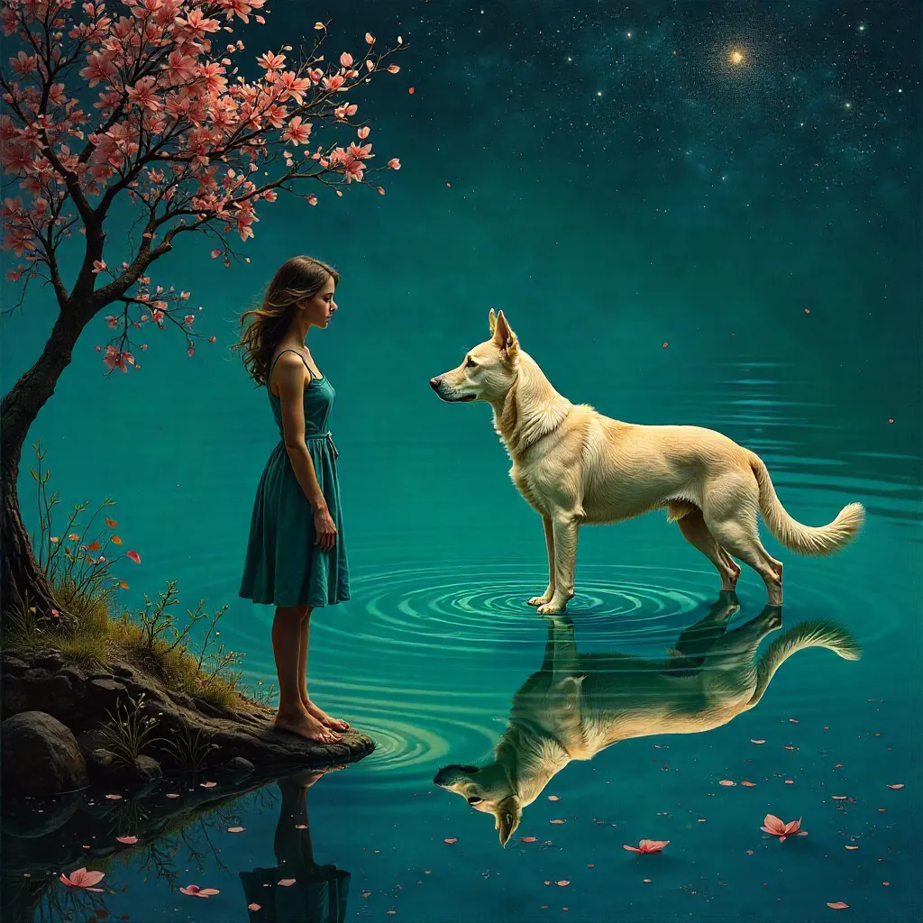 Echoes of Water: Woman and Dog in Surreal Reflection