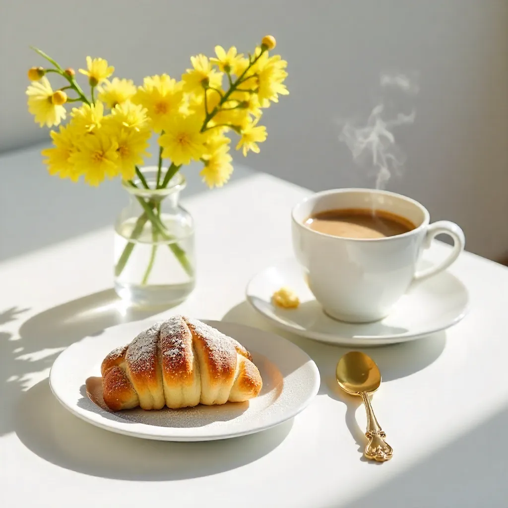 Elegance on White: Pastry, Gold Spoon, Mimosa & Coffee