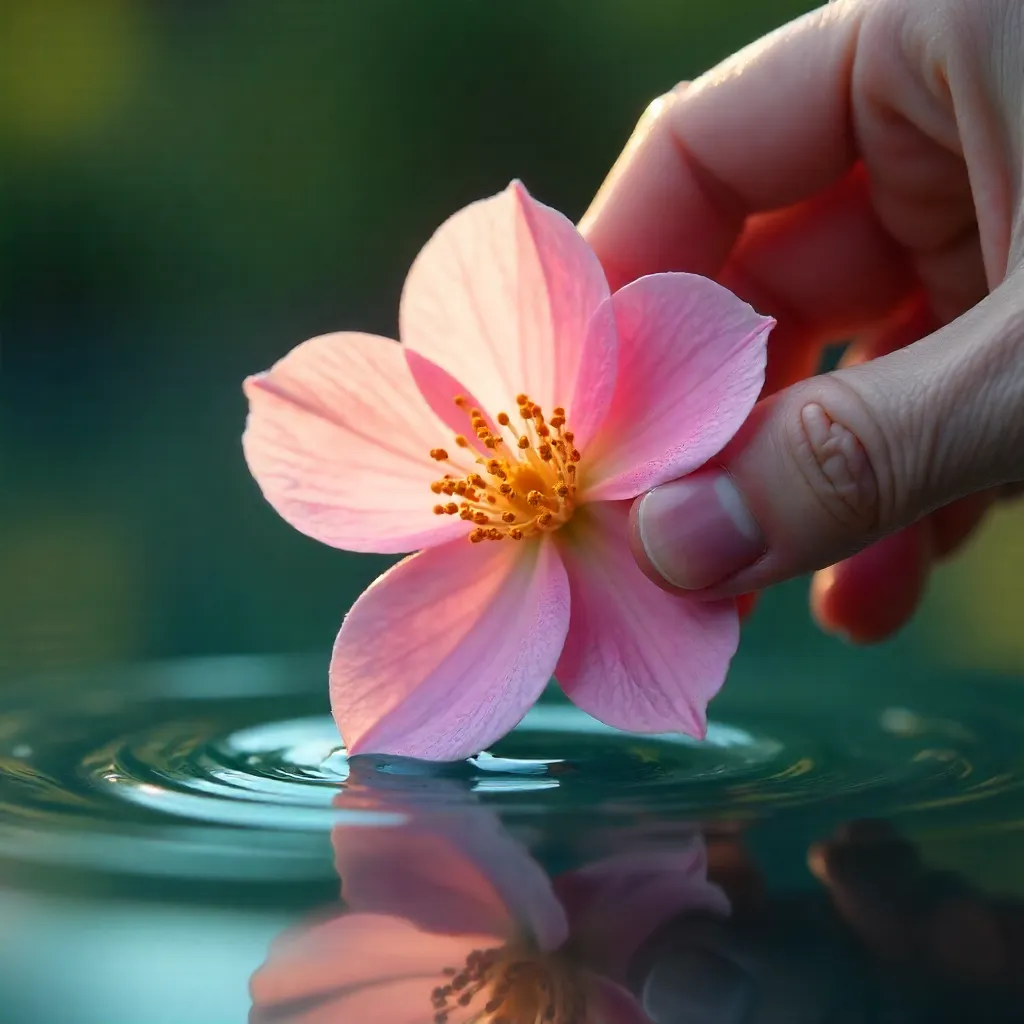 Delicate Pink Flower Held Over Serene Water