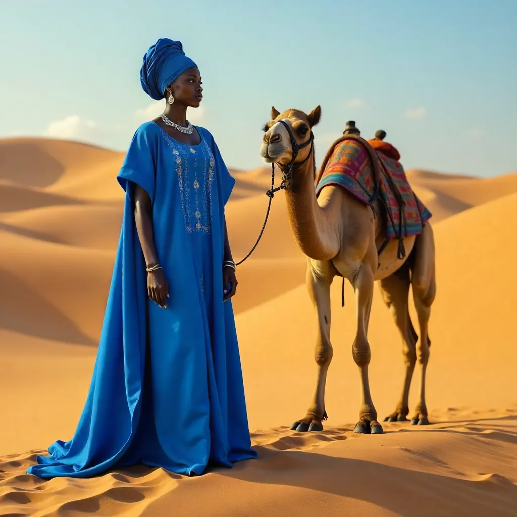 Blue Traditional Attire Woman with Camel in Nigerian Desert