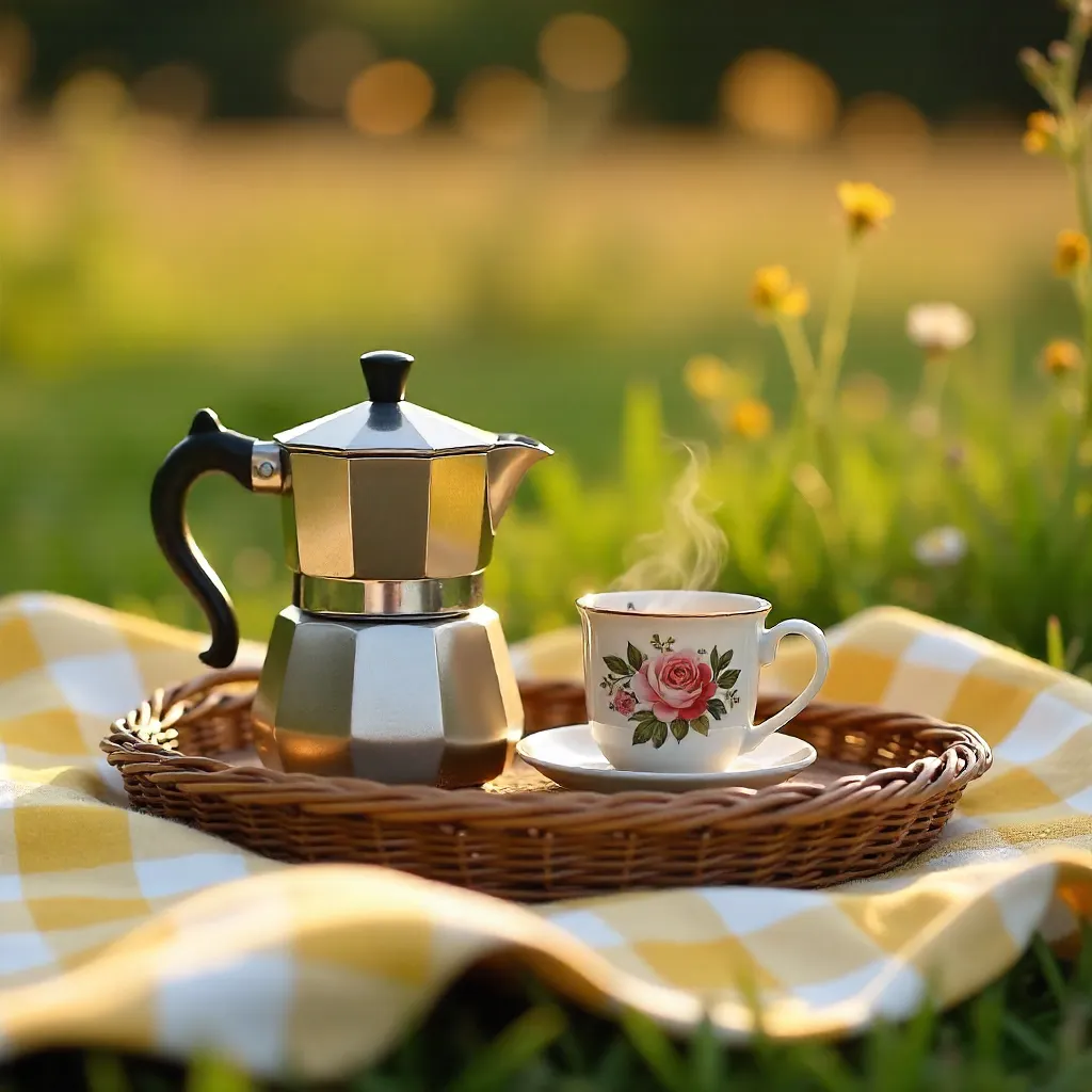 Cozy Outdoor Coffee Setup on Yellow Checkered Blanket