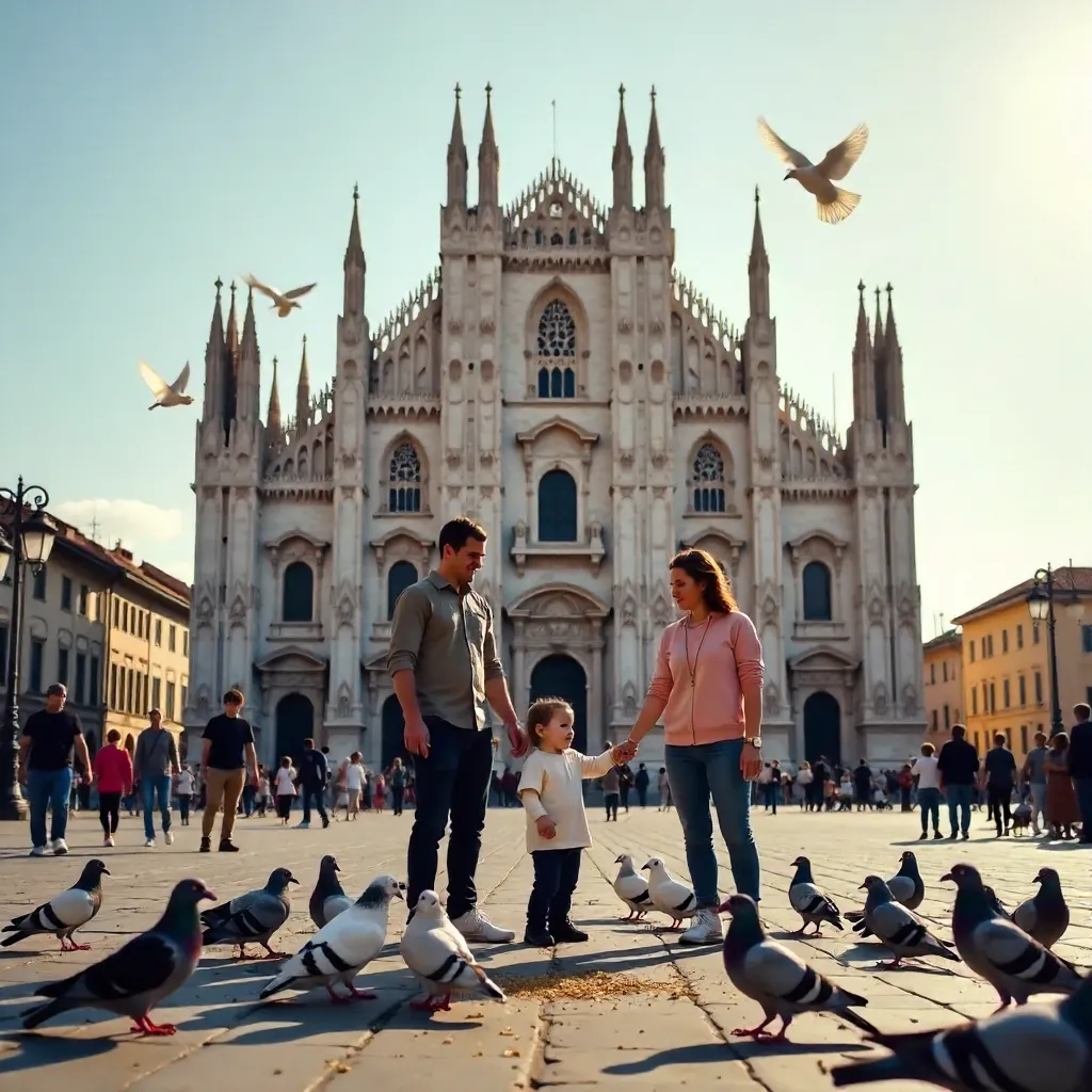Family Feeds Pigeons in Milan's Duomo Piazza