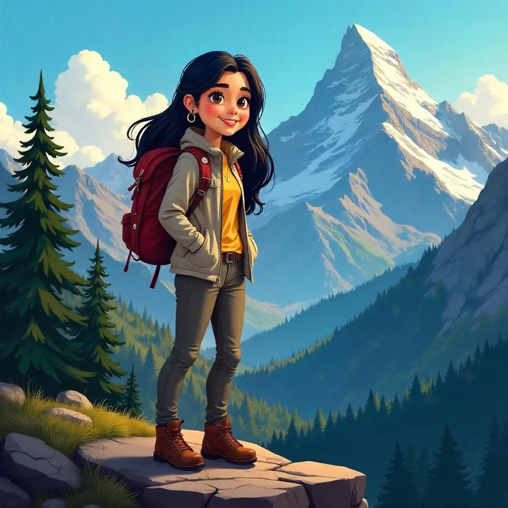 Cartoon Latina Hiking in a Majestic Mountain Landscape