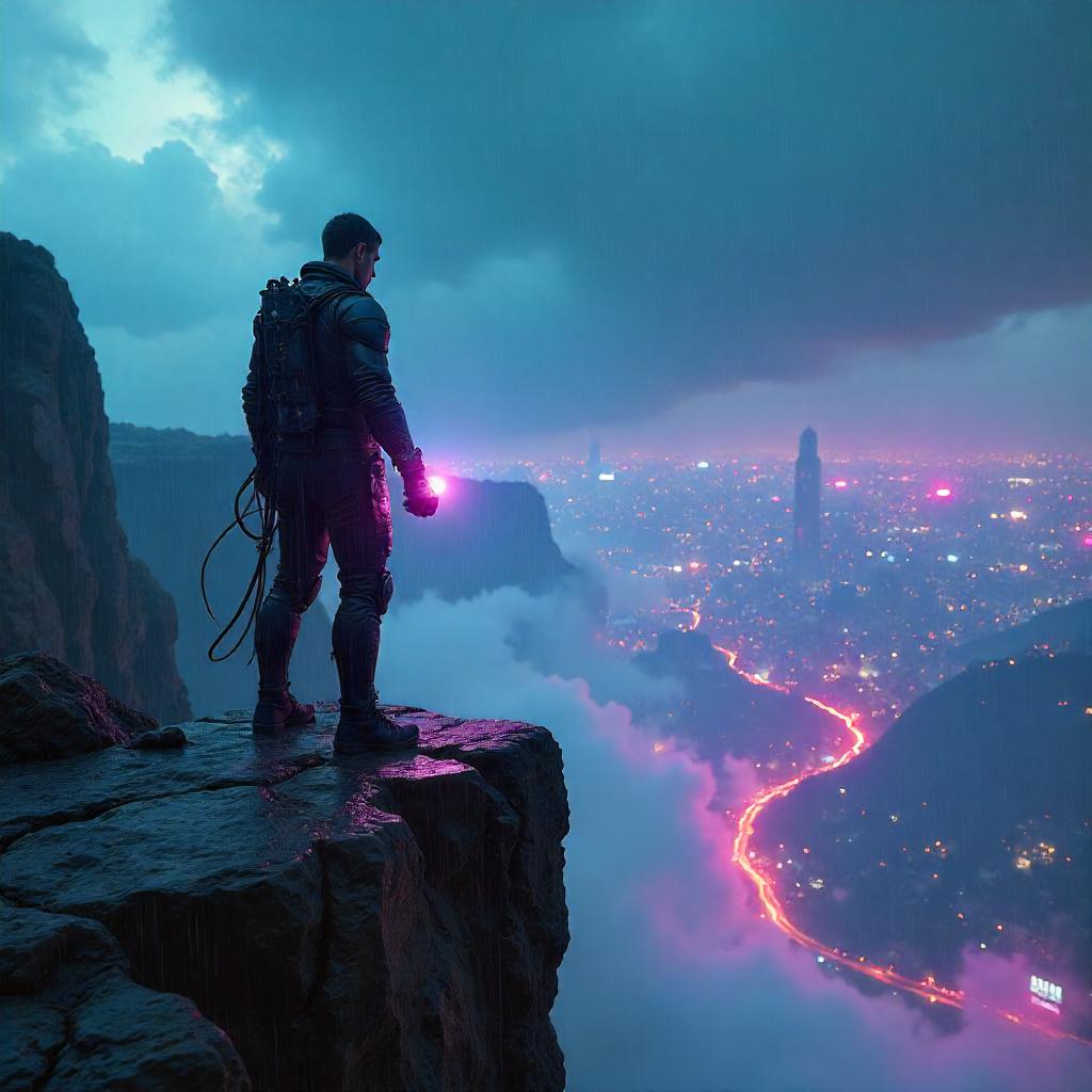 Infinity Stone on a Neon Cyberpunk Cliff Edge