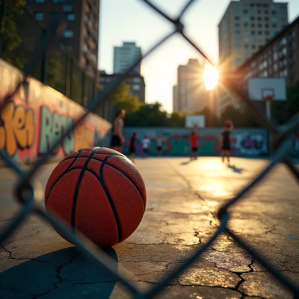 Urban Court Through Chain-Link: Basketball Scene