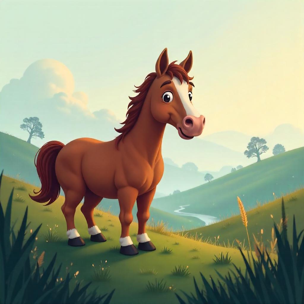 Whimsical Cartoon Horse in a Foggy Moor