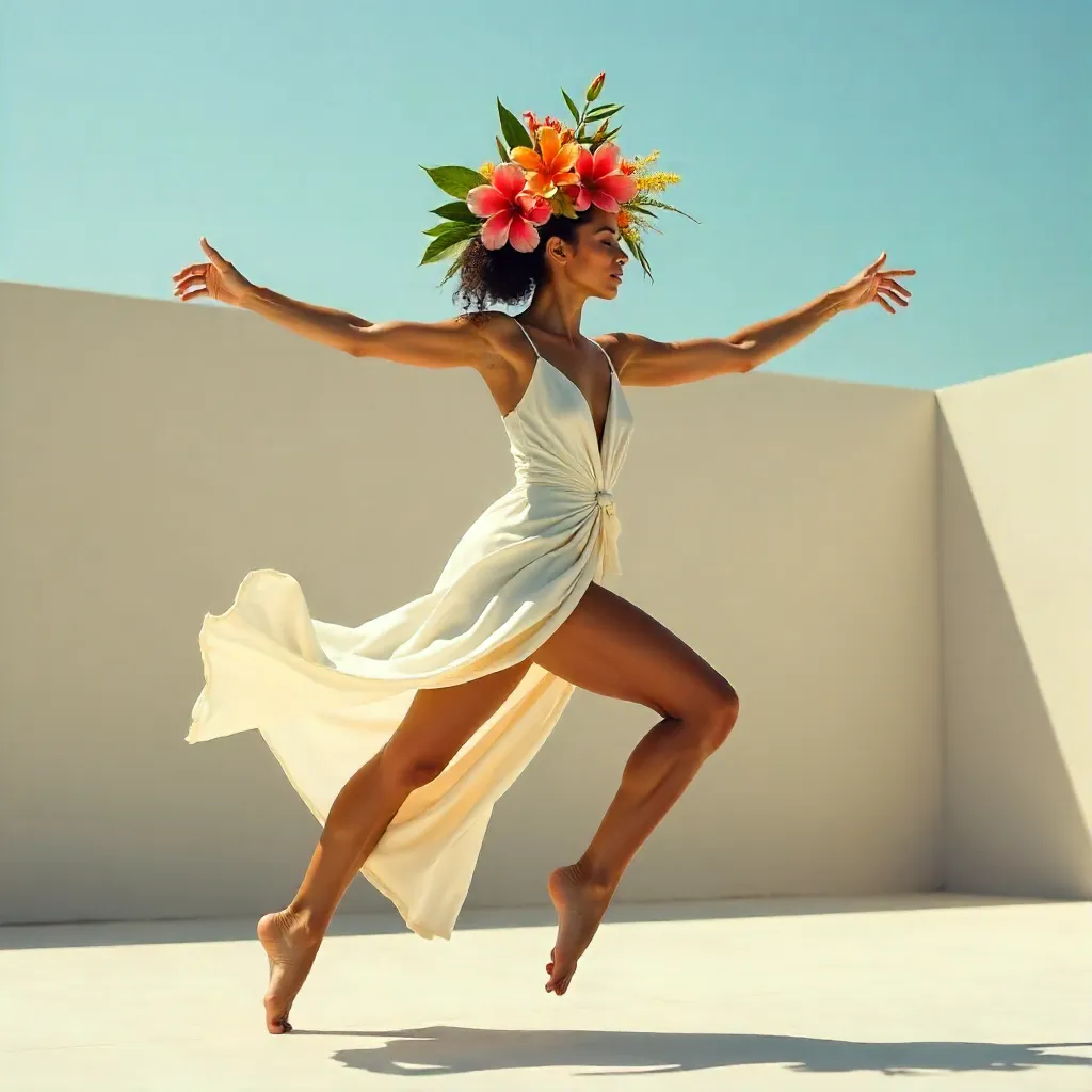 Expressive Dancer with Floral Headpiece Outdoors
