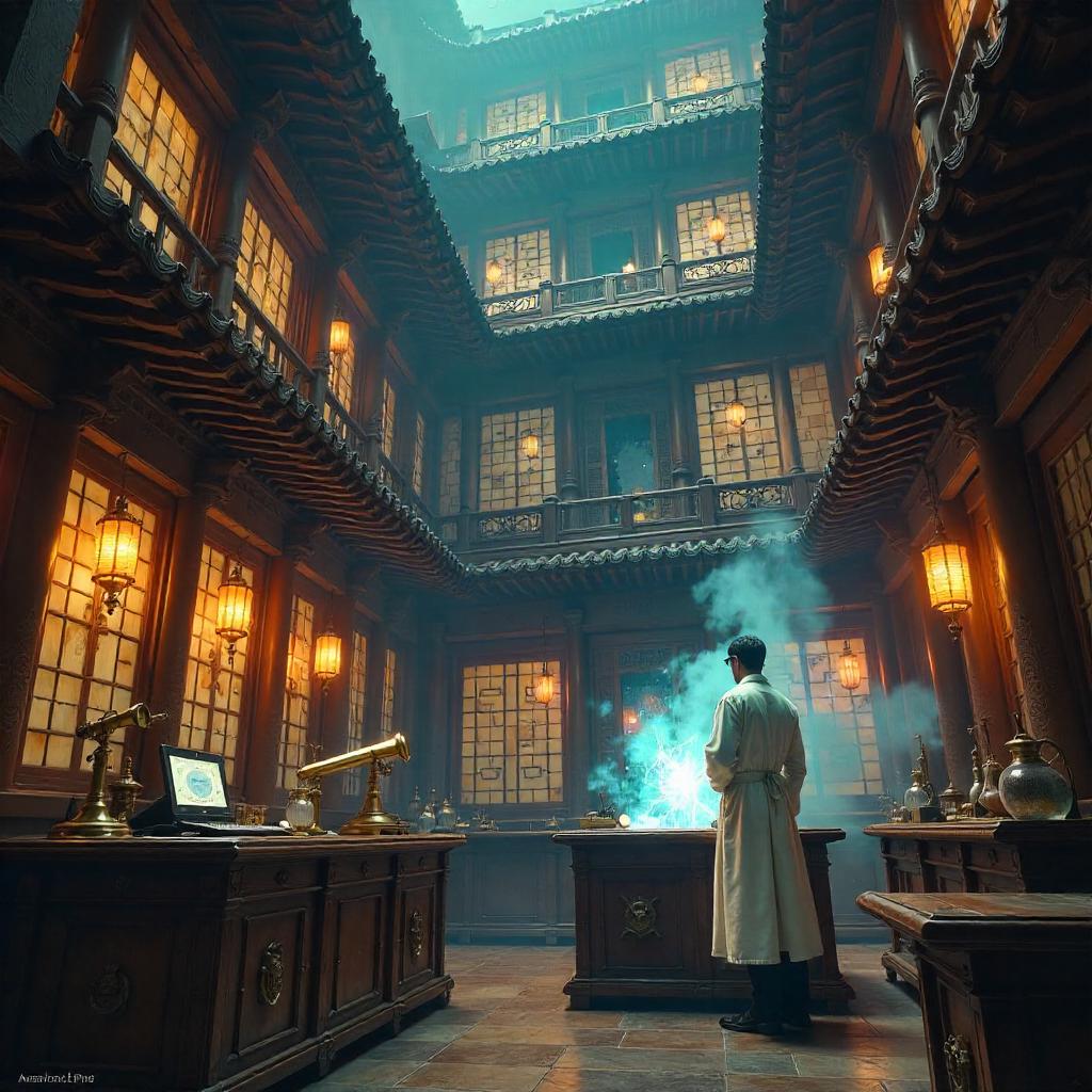 Quantum Scientist in a Pagoda — Concept Art