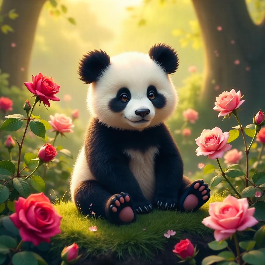 Panda among Roses: a Digital Art Garden Scene