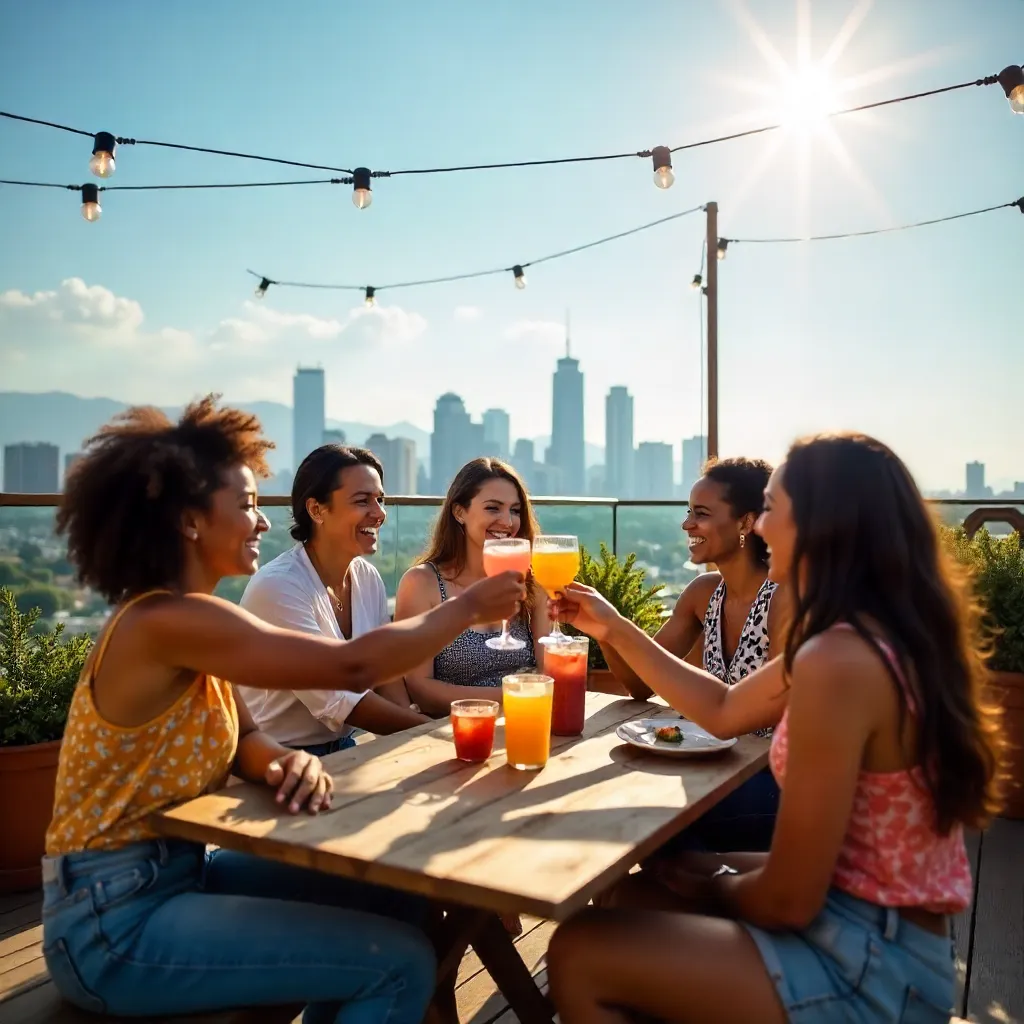 Sunlit Rooftop Friends Toasting in Sunshine